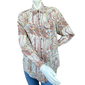 Vintage 90s Diane Gilman Earth Tone Art Deco 100% Silk Button Down Blouse Small